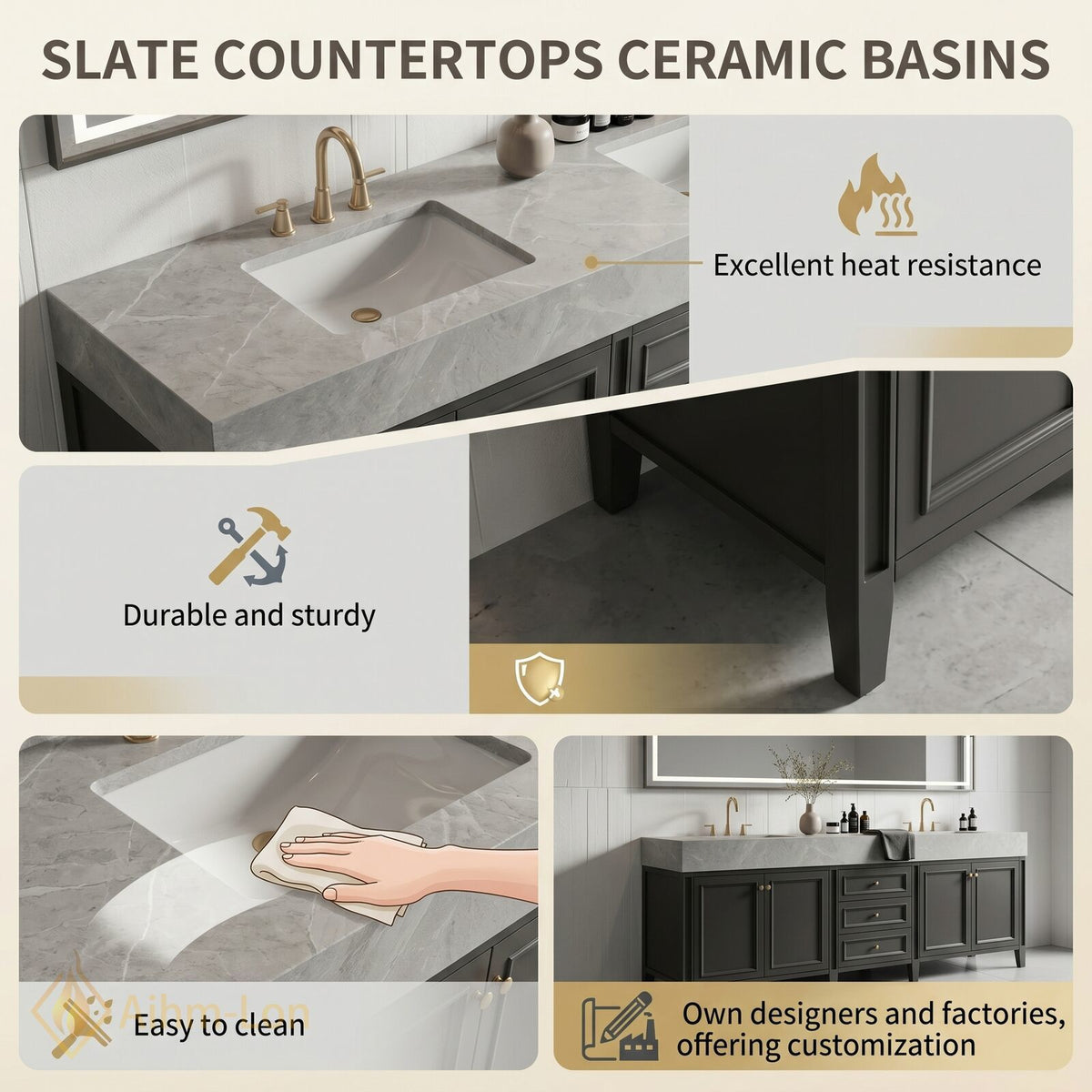 80''-96'' Double Bathroom Vanity with Sink Dark Charcoal Stone Patterned Centered Drawers