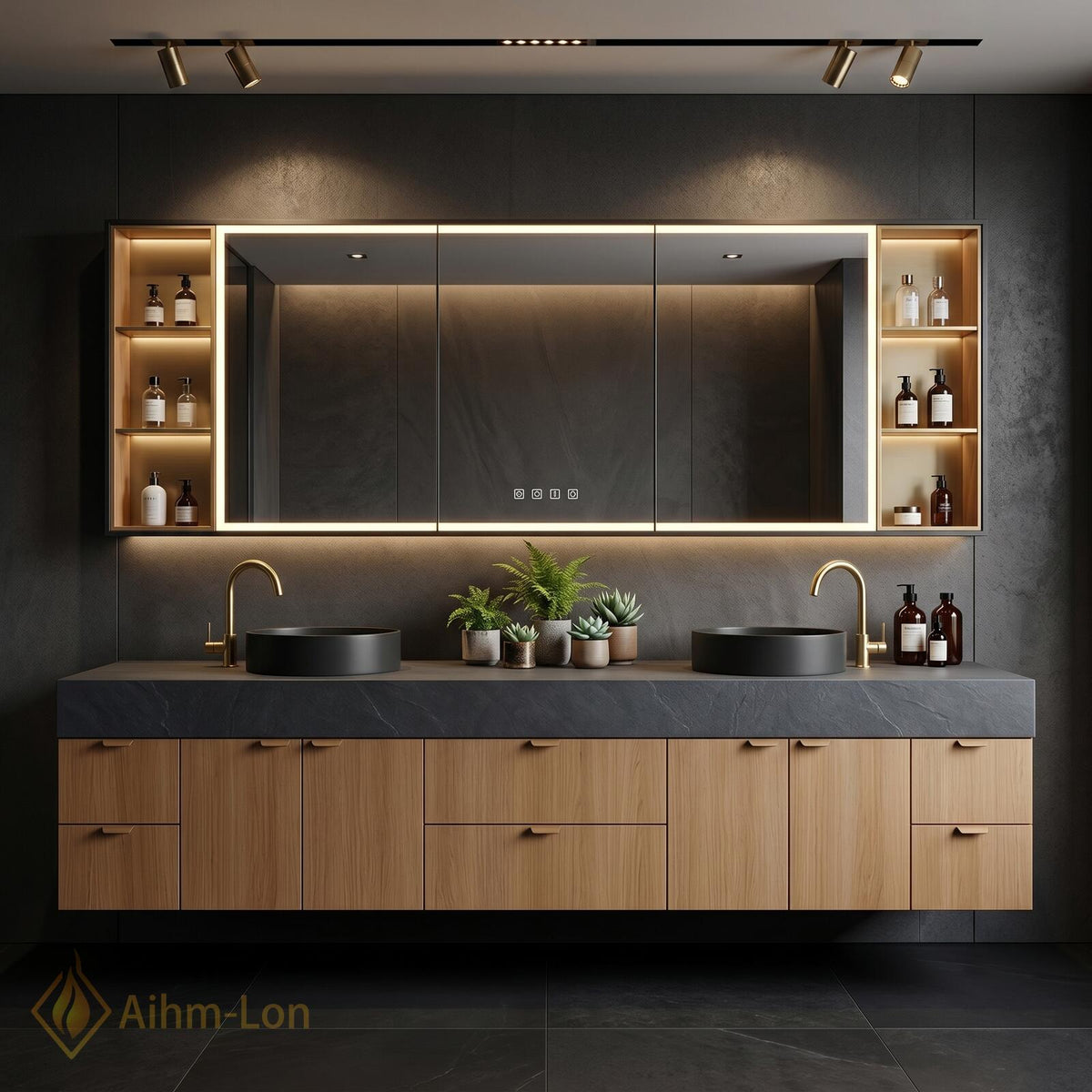 60''-96'' Double Bathroom Vanity with Sink Dark Walnut Grey Counter Slatted Panel