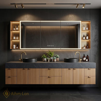 60''-96'' Double Bathroom Vanity with Sink Dark Walnut Grey Counter Slatted Panel