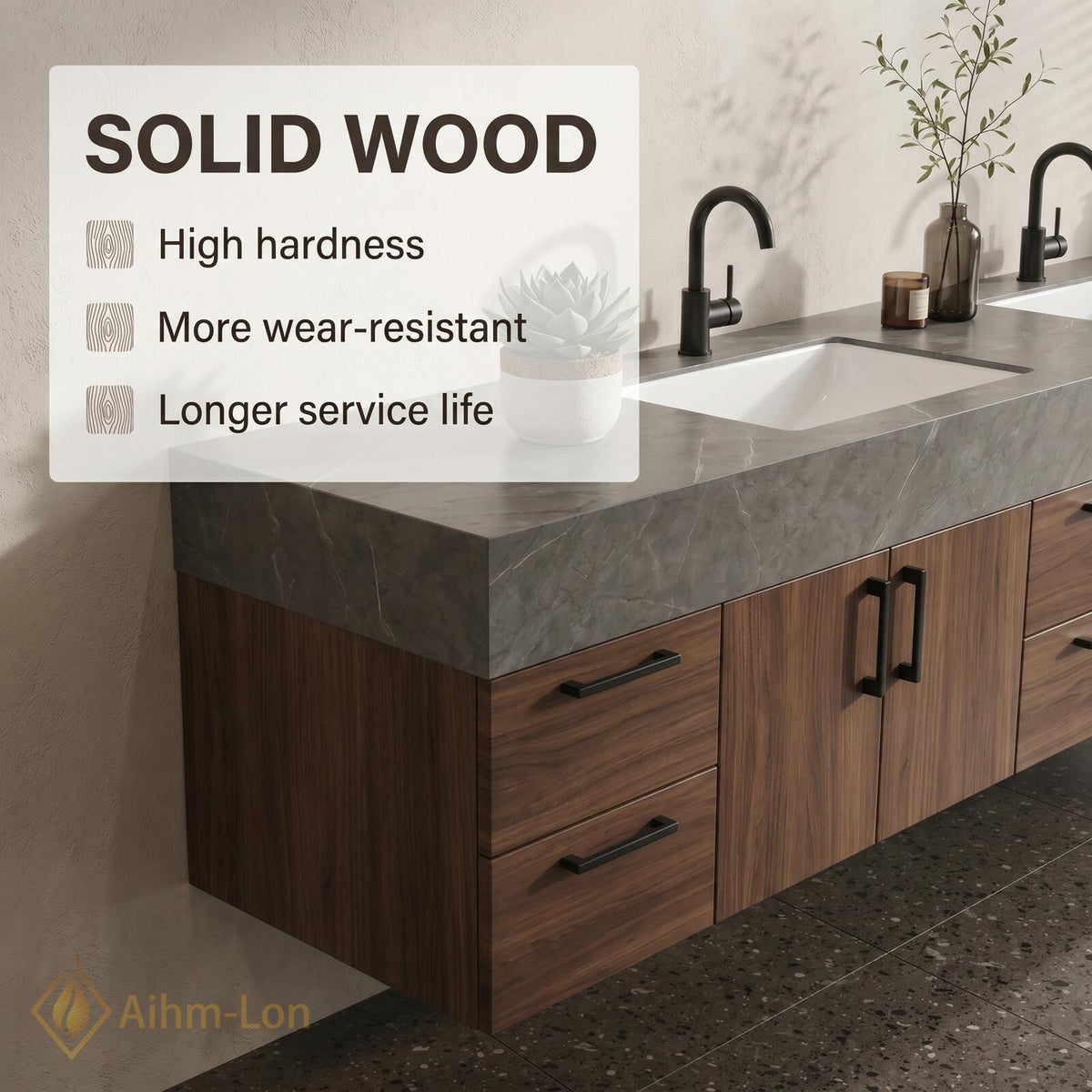 60''-96'' Double Bathroom Vanity with Sink Dark Walnut Finish Gray Stone Top
