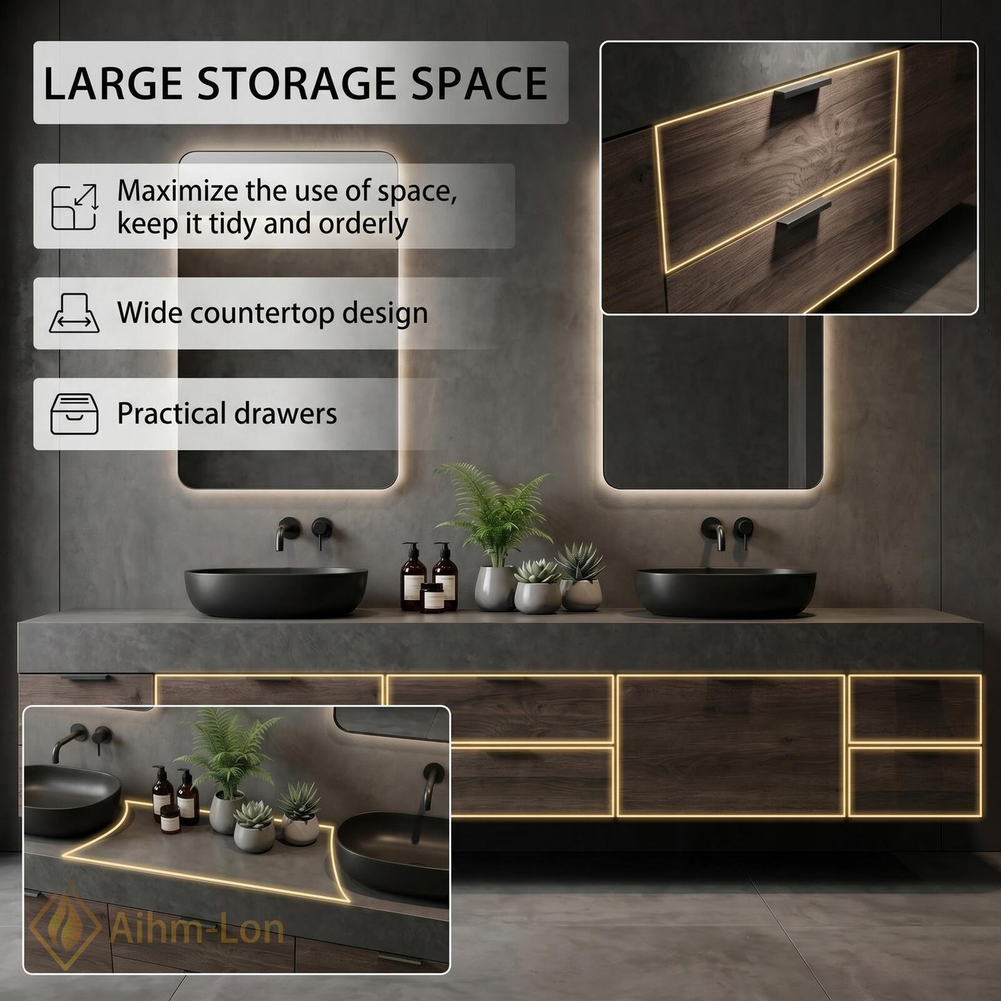 70''-96'' Double Bathroom Vanity with Sink Wood Modern Floating Stone Countertop Grain
