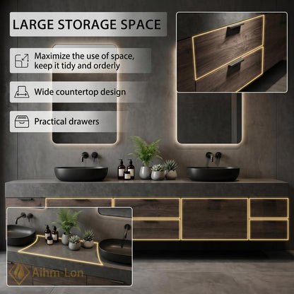 70''-96'' Double Bathroom Vanity with Sink Wood Modern Floating Stone Countertop Grain