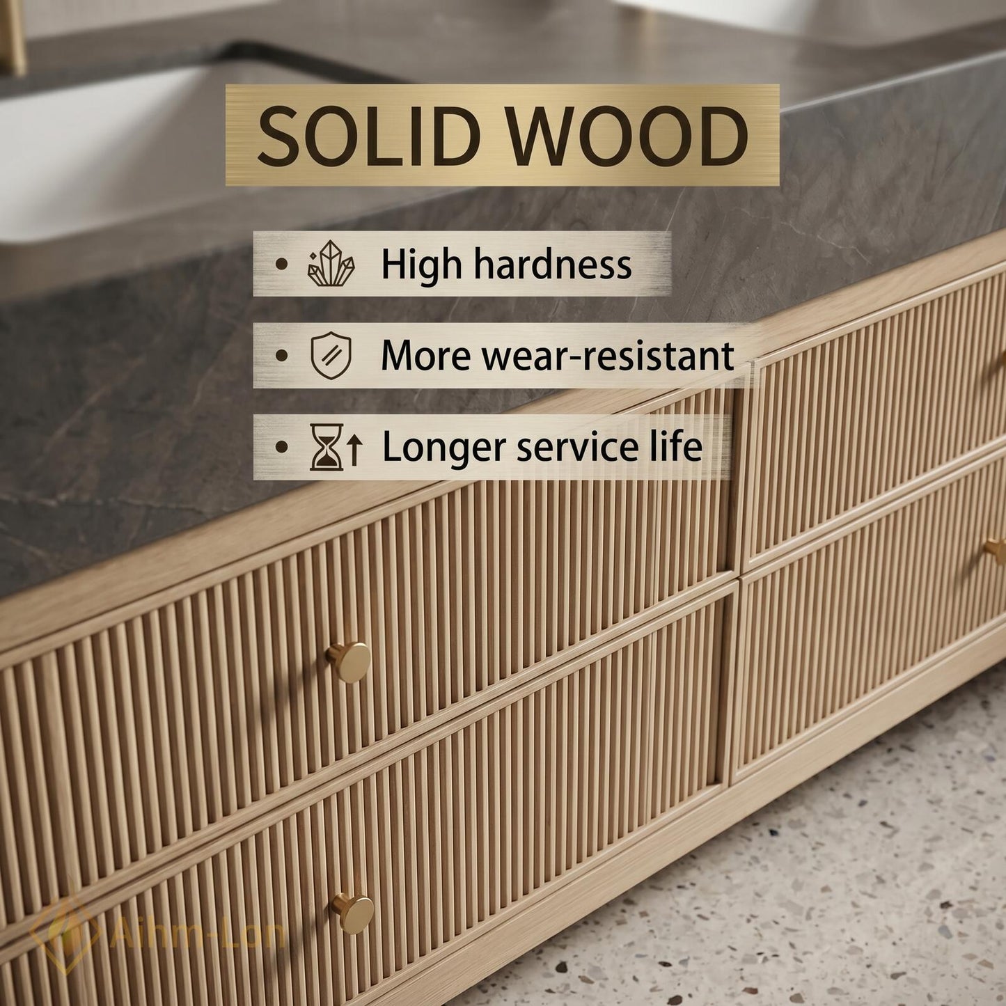 60''-96'' Modern Double Bathroom Vanity with Sink Light Wood Fluted Drawer Fronts