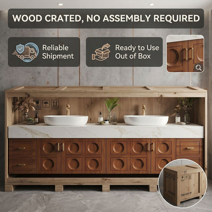 70''-96'' Modern Bathroom Vanity with Sink Carved Circular Panels Rich Wood Grain Cabinet