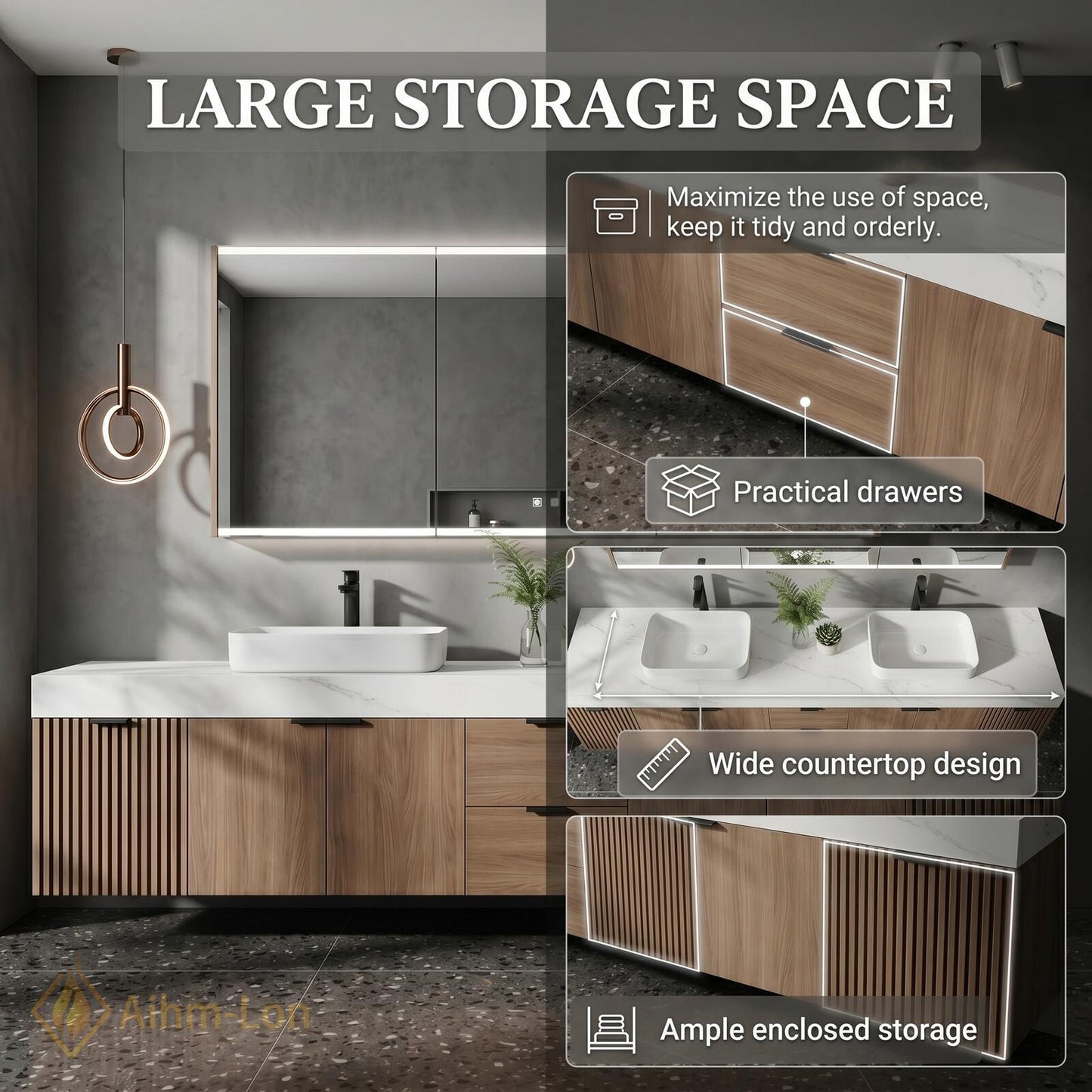 70''-96'' Elegant Double Bathroom Vanity with Sink Floating Wood Texture Slatted Open