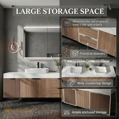 70''-96'' Elegant Double Bathroom Vanity with Sink Floating Wood Texture Slatted Open
