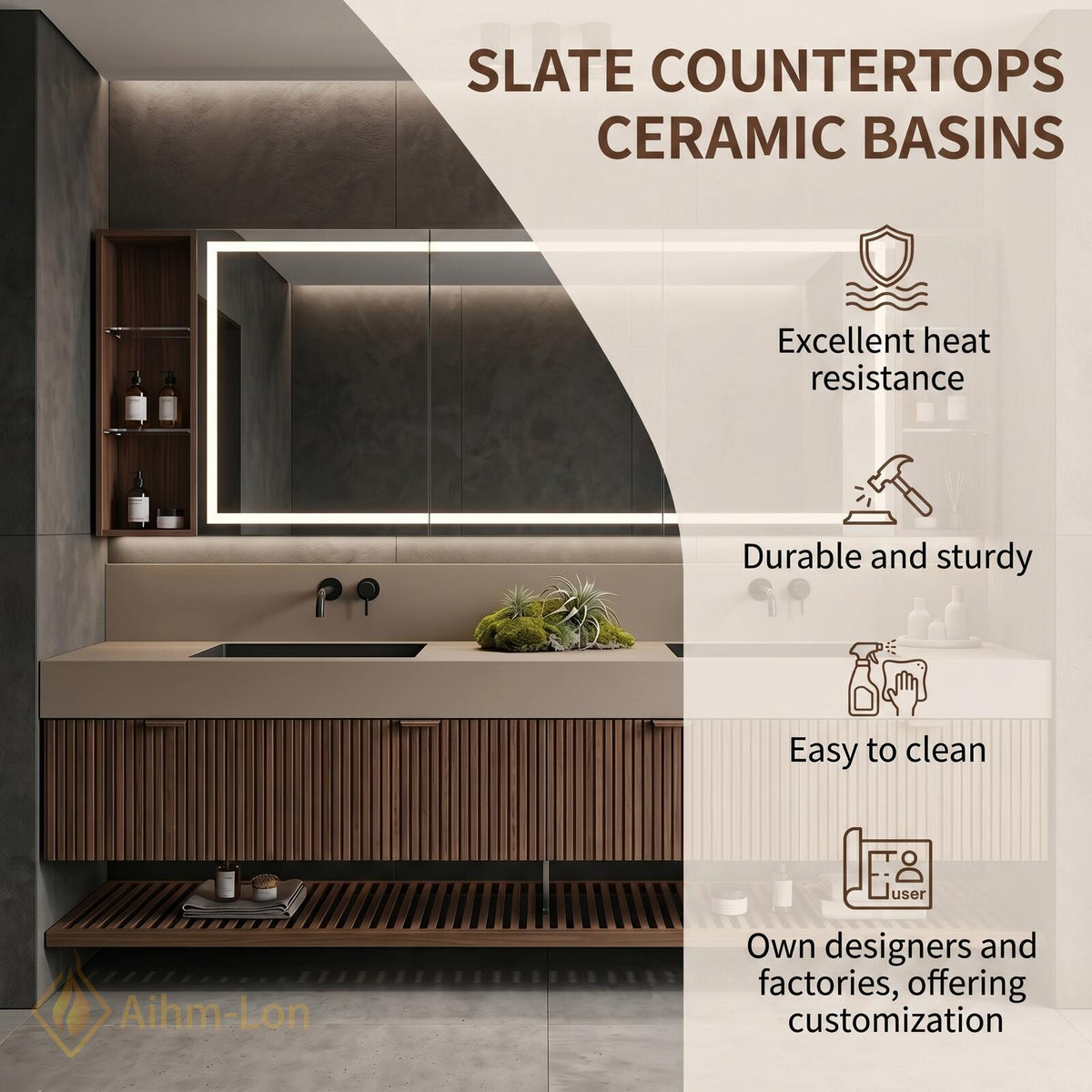 60''-96'' Double Bathroom Vanity with Sink Modern Walnut Slatted Panel Open Base Shelf
