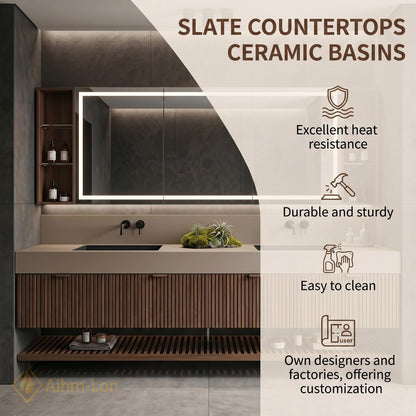 60''-96'' Double Bathroom Vanity with Sink Modern Walnut Slatted Panel Open Base Shelf