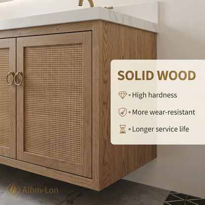 60''-96'' Floating Bathroom Vanity with Sink Double Sink Natural Oak Rattan Doors Mirror