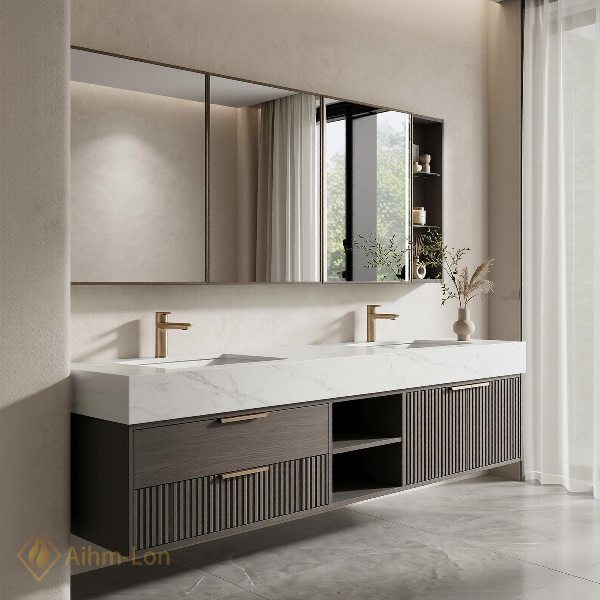 60''-96'' Double Bathroom Vanity with Sink Dark Stone Fluted Glass Panels Storage