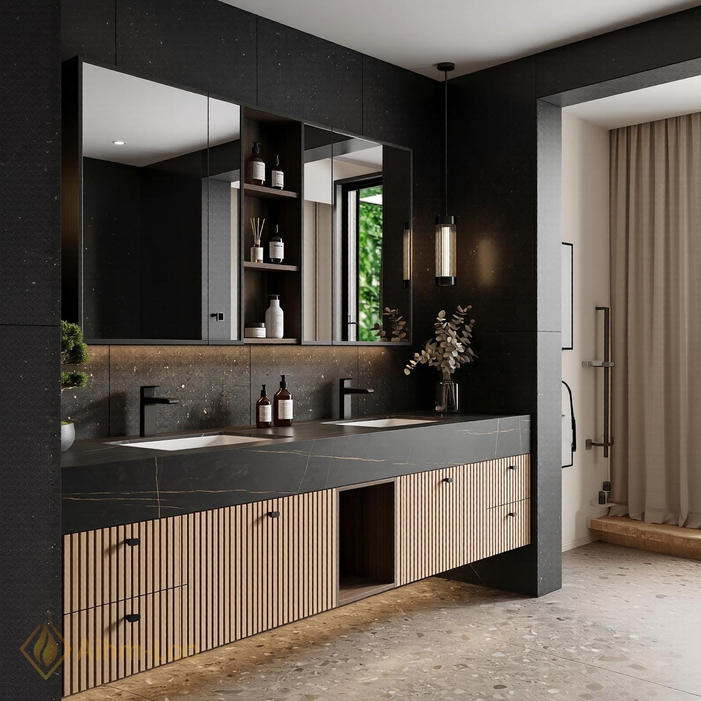 70''-96'' Bathroom Vanity with Sink Modern Floating Slatted Center Panel Open Shelving