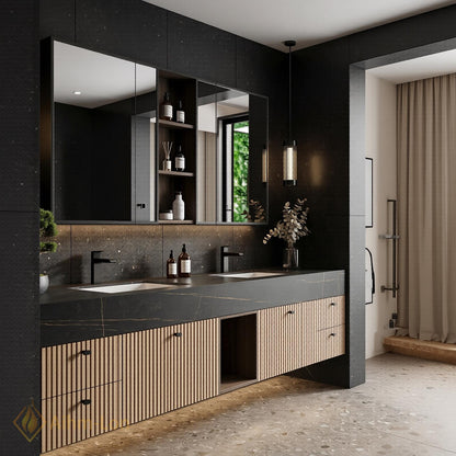 70''-96'' Bathroom Vanity with Sink Modern Floating Slatted Center Panel Open Shelving
