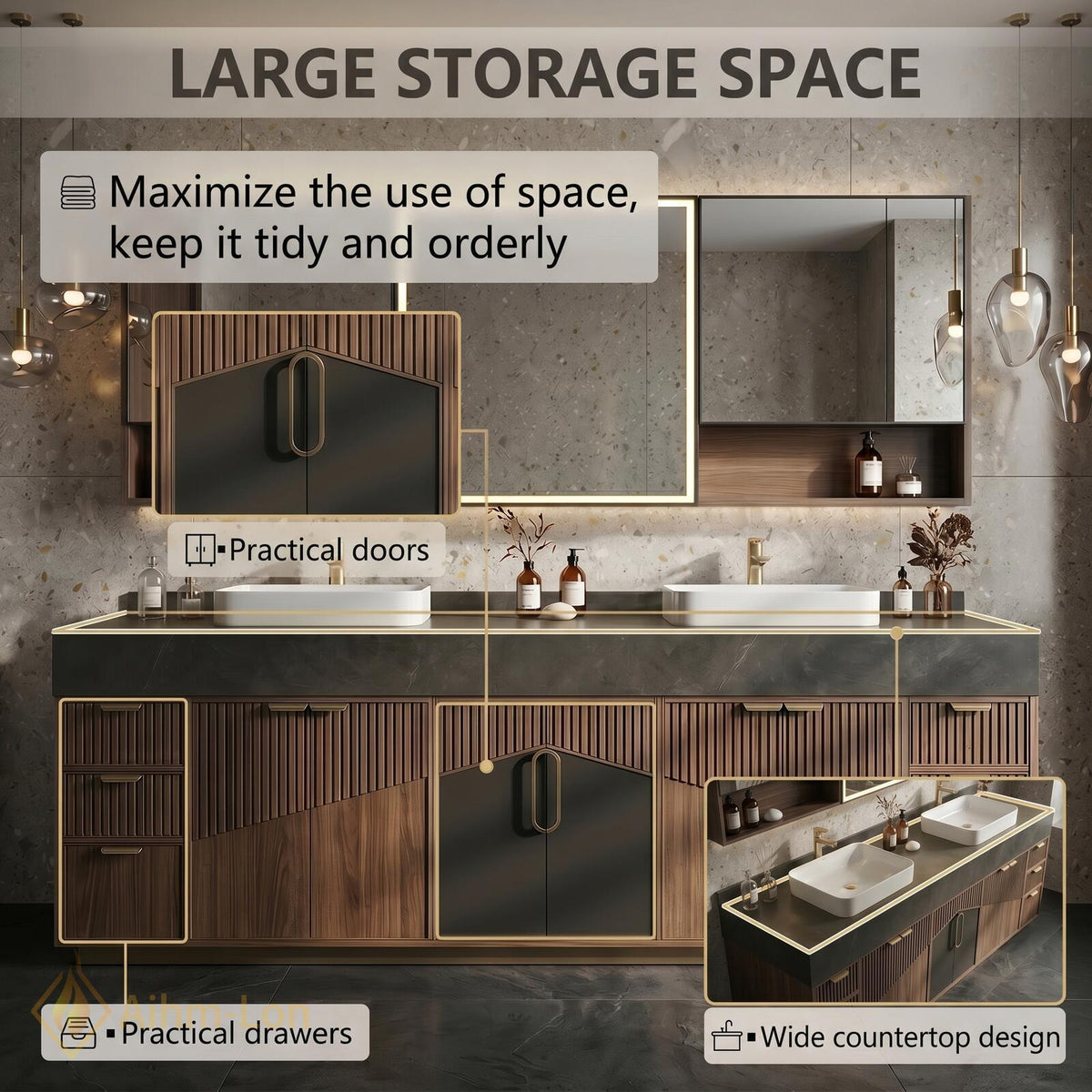 60''-96'' Double Bathroom Vanity with Sink Dark Stone Slatted Wood Panels Shelving