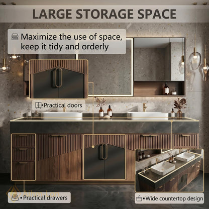 60''-96'' Double Bathroom Vanity with Sink Dark Stone Slatted Wood Panels Shelving