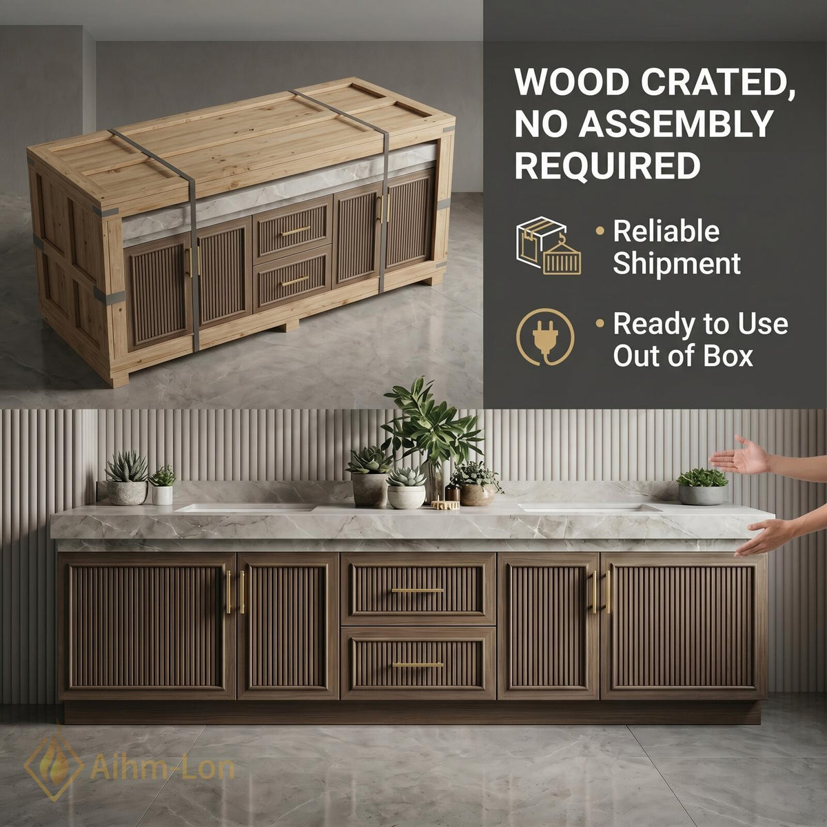 60''-96'' Double Bathroom Vanity with Sink Elegant Dark Walnut Finish Slatted Doors