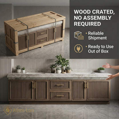 60''-96'' Double Bathroom Vanity with Sink Elegant Dark Walnut Finish Slatted Doors