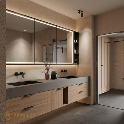 60''-96'' Double Bathroom Vanity with Sink Grey Stone Light Wood Drawers Storage
