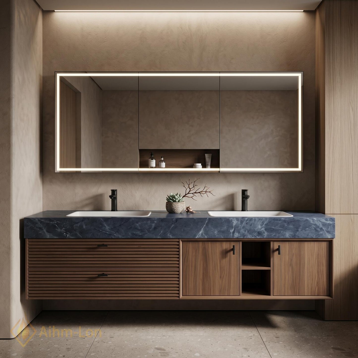 60''-96'' Modern Double Bathroom Vanity with Sink Floating Dark Blue Marble Top