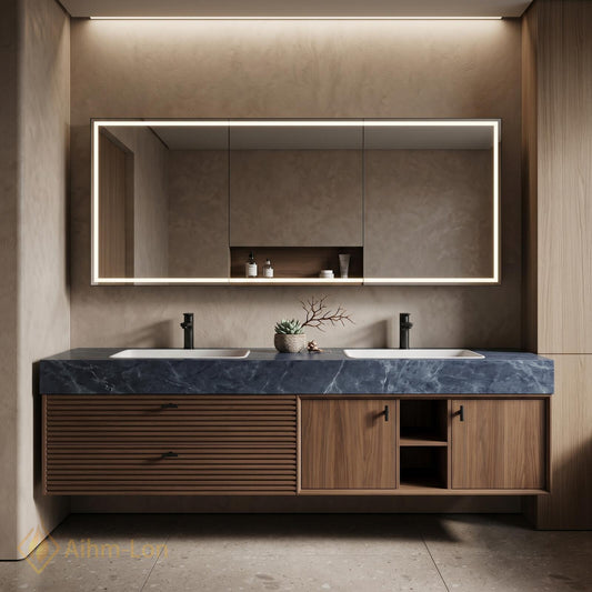 60''-96'' Modern Double Bathroom Vanity with Sink Floating Dark Blue Marble Top