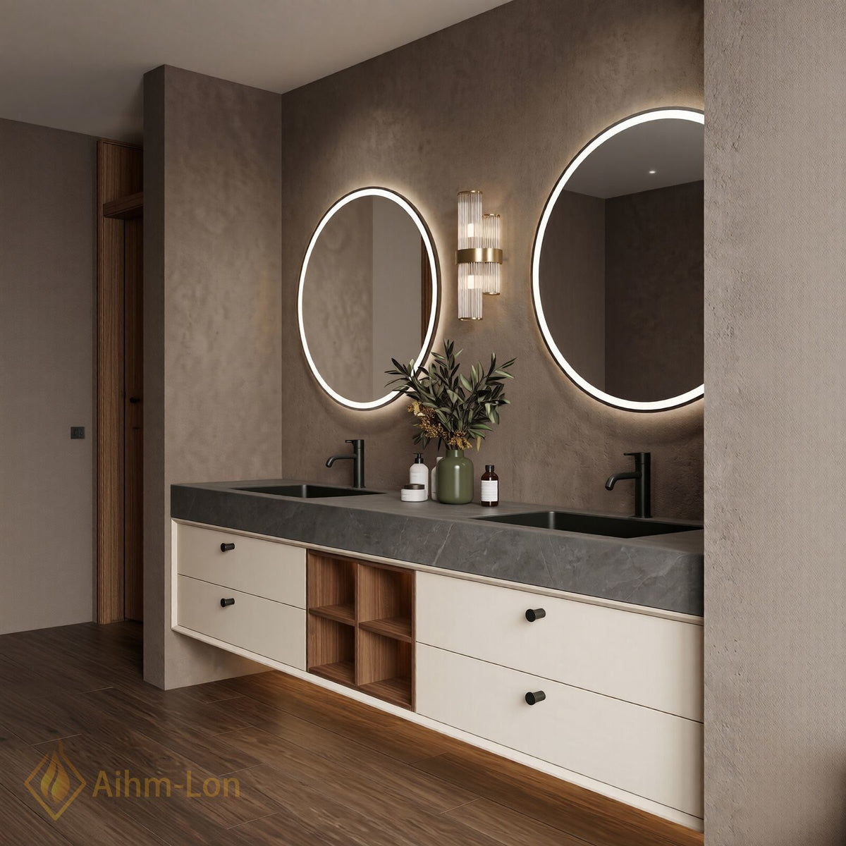 60''-96'' Double Bathroom Vanity with Sink Dark Grey Stone Drawer Cabinet Layout