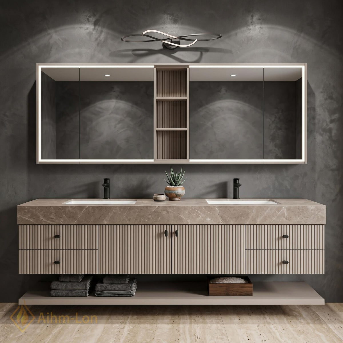 60''-96'' Sleek Floating Bathroom Vanity with Sink Fluted Vertical Panels Marble-Textured Countertop