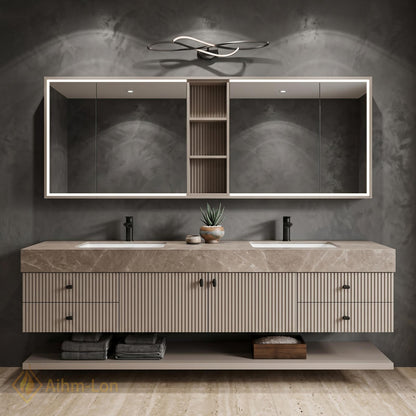 60''-96'' Sleek Floating Bathroom Vanity with Sink Fluted Vertical Panels Marble-Textured Countertop