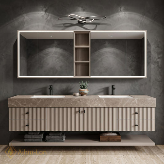 60''-96'' Sleek Floating Bathroom Vanity with Sink Fluted Vertical Panels Marble-Textured Countertop