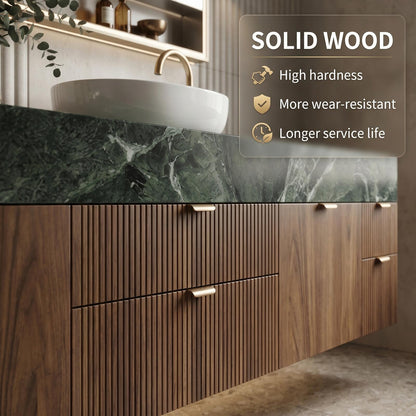 60''-96'' Double Bathroom Vanity with Sink Modern Refined Green Marble Top Slatted Wood Base