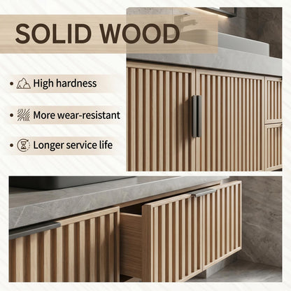 70''-96'' Modern Bathroom Vanity with Sink Double Sink Slatted Doors Gray Stone Cabinet