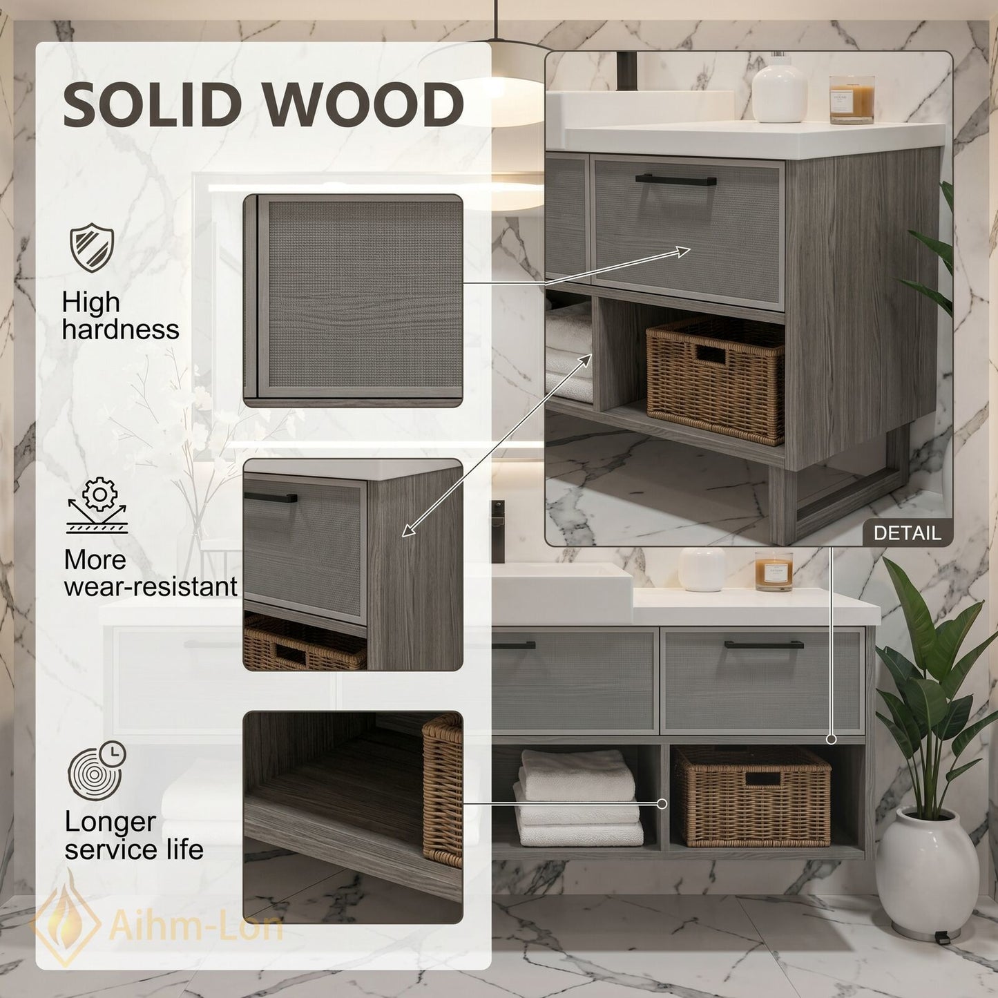40''-64'' Floating Bathroom Vanity with Sink Grey Mesh Three Drawers Open Shelving