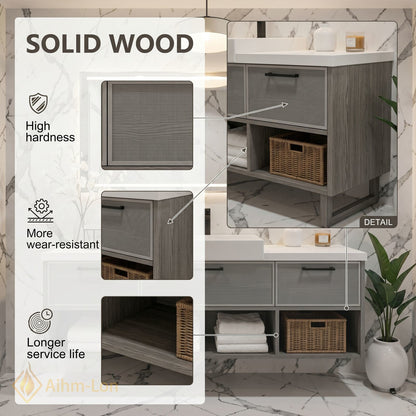 40''-64'' Floating Bathroom Vanity with Sink Grey Mesh Three Drawers Open Shelving