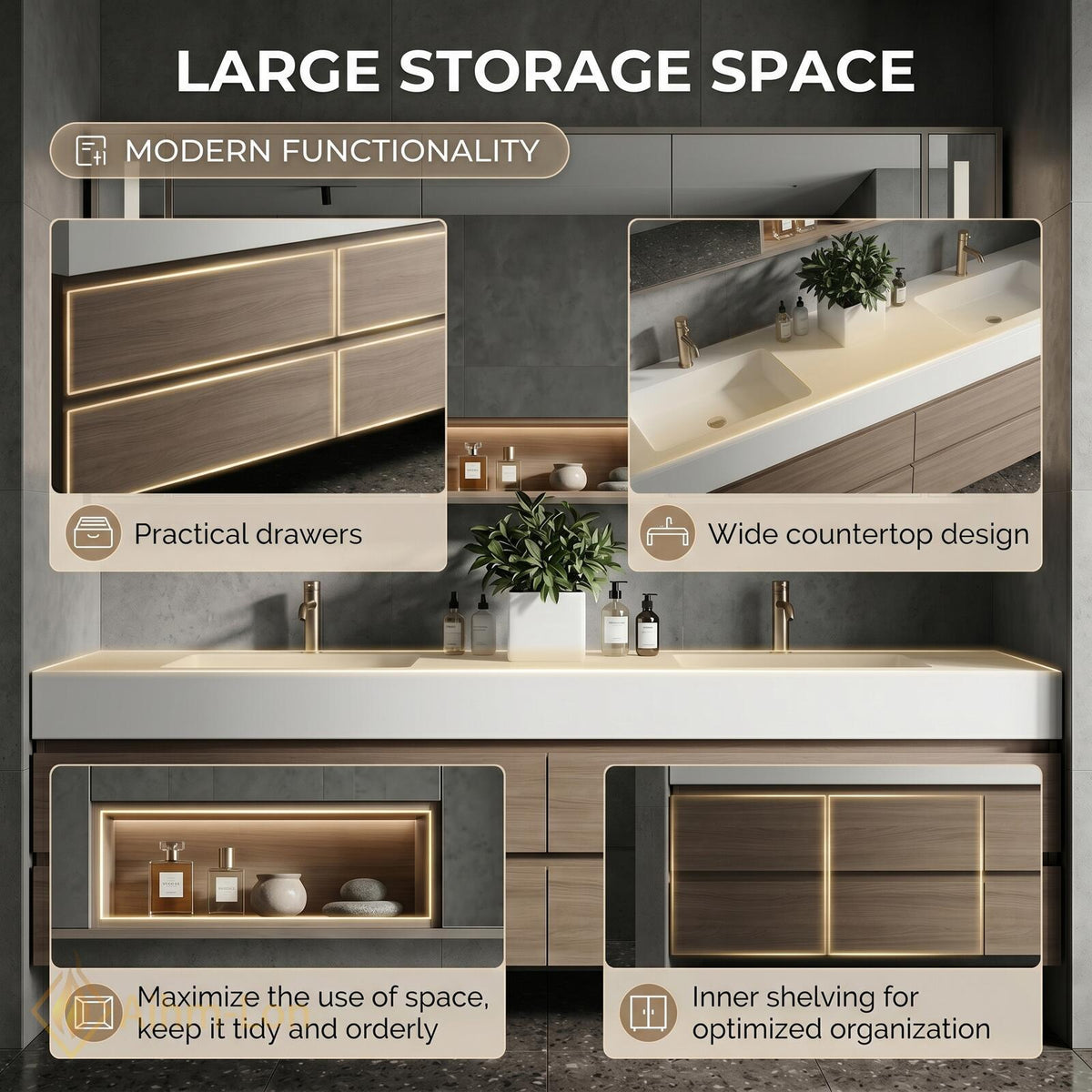 60''-96'' Modern Bathroom Vanity with Sink Floating Wide Mirror Wood Grained Drawers