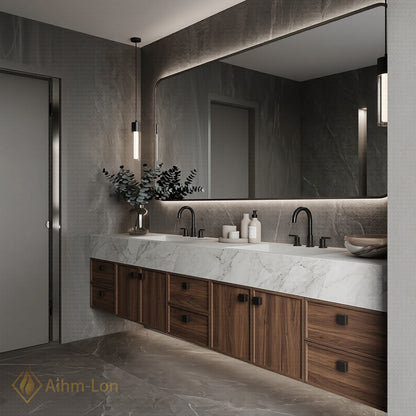 76''-96'' Double Bathroom Vanity with Sink Walnut Floating Elegant Marble Top Wood