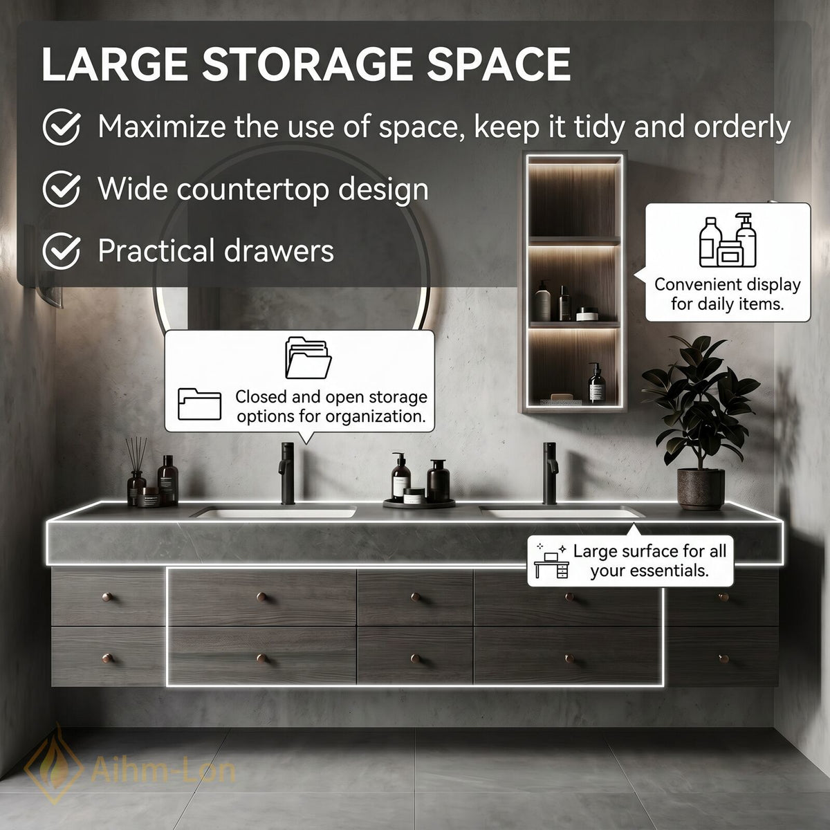 76''-96'' Double Bathroom Vanity with Sink Dark Grey Stone Wood Grain Panels