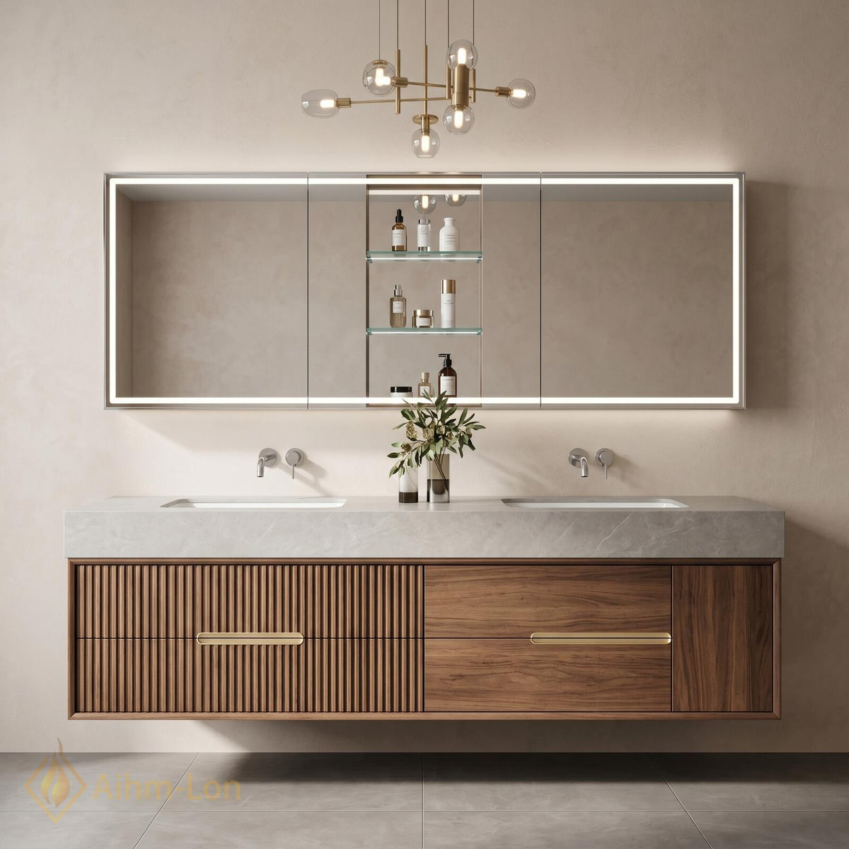 60''-96'' Double Bathroom Vanity with Sink Ribbed Walnut Finish Glass Mirror Shelving