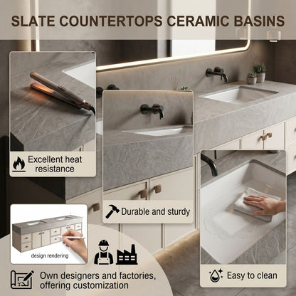 78''-96'' Floating Bathroom Vanity with Sink Stone-Like Top Wide Storage Open Drawers Cabinet