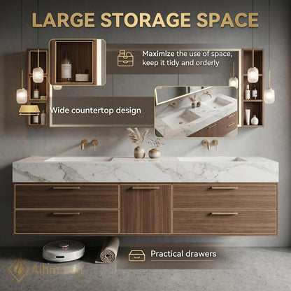 60''-96'' Double Bathroom Vanity with Sink Modern Floating Marble Top Walnut Finish