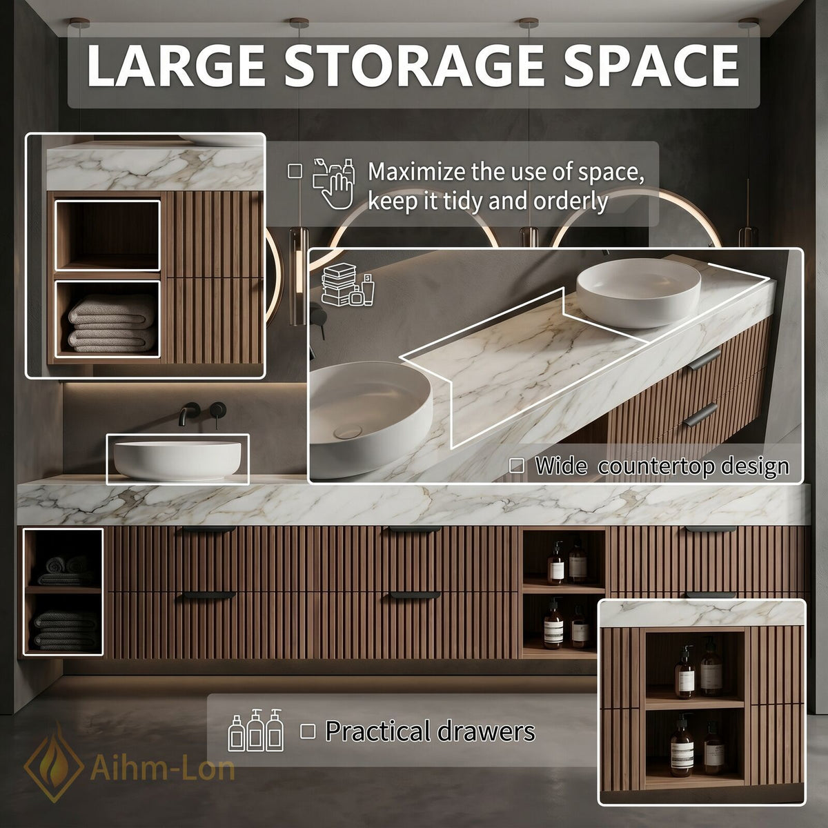 78''-96'' Double Bathroom Vanity with Sink Vertical Slatted Panels White Marble Top