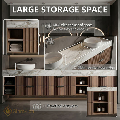 78''-96'' Double Bathroom Vanity with Sink Vertical Slatted Panels White Marble Top