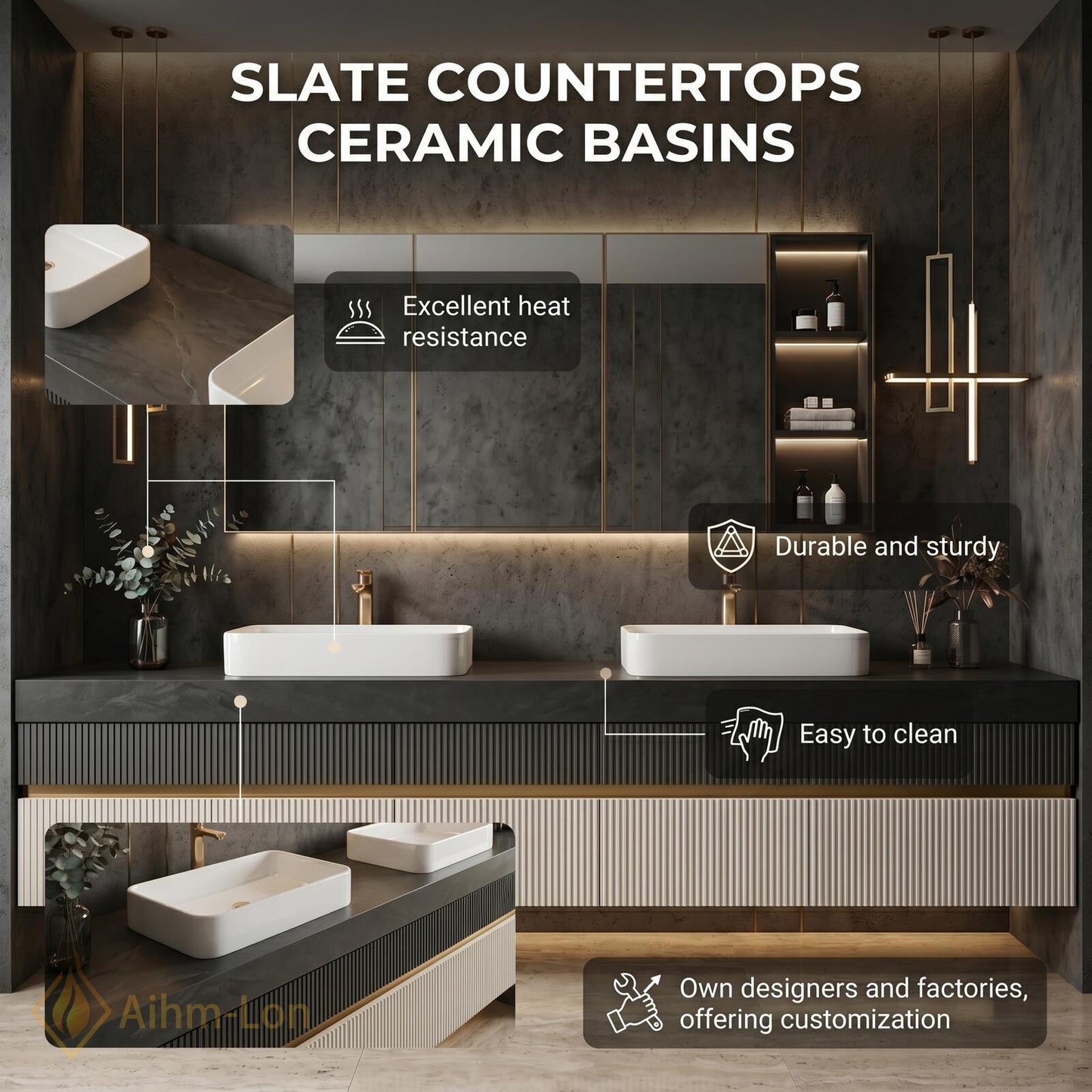 60''-96'' Modern Double Bathroom Vanity with Sink Floating Fluted Two-Tone Stone-Effect Top