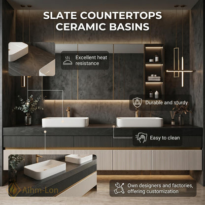 60''-96'' Modern Double Bathroom Vanity with Sink Floating Fluted Two-Tone Stone-Effect Top