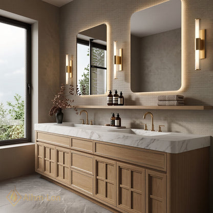 78''-96'' Double Bathroom Vanity with Sink Warm Oak Veneer Spacious Drawers