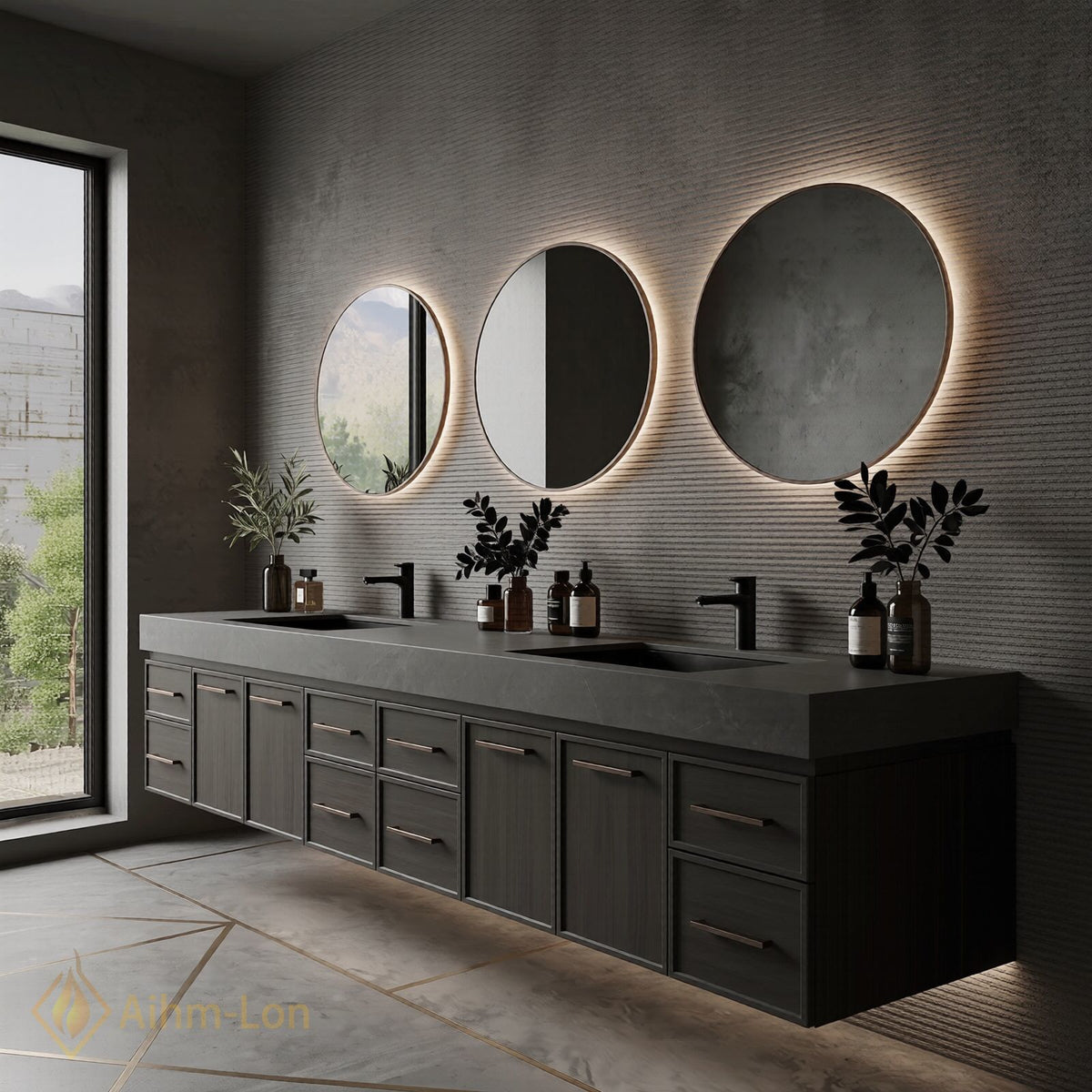 78''-96'' Double Bathroom Vanity with Sink Sleek Dark Grey Finish Drawer Access