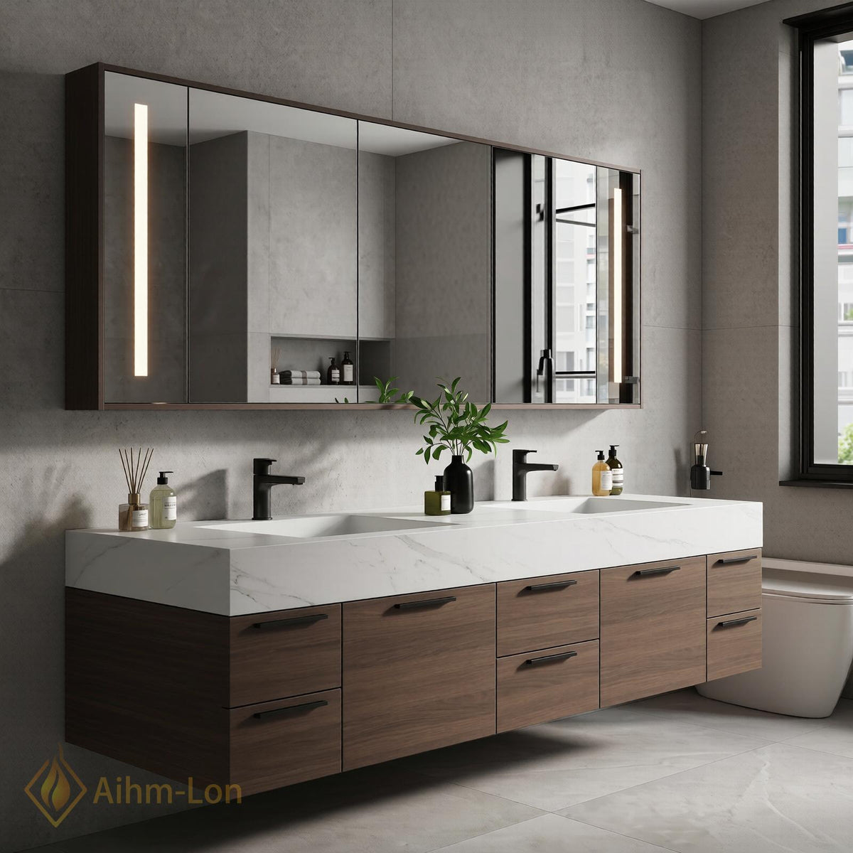 60''-96'' Double Bathroom Vanity with Sink Floating White Marble Dark Wood Drawers