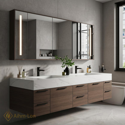 60''-96'' Double Bathroom Vanity with Sink Floating White Marble Dark Wood Drawers