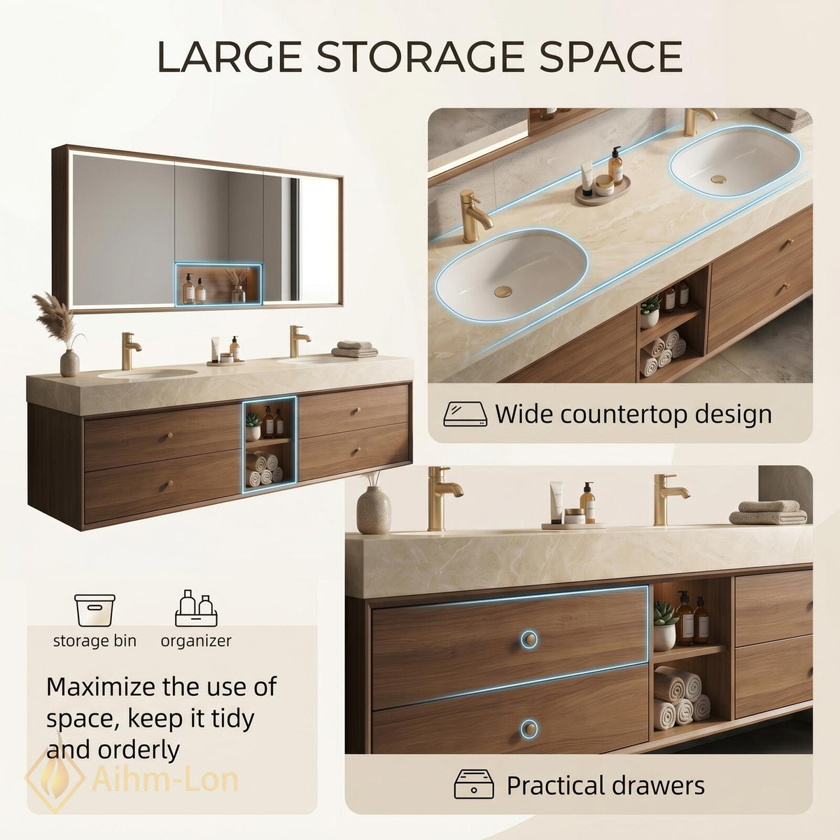 60''-96'' Double Bathroom Vanity with Sink Wall-Mounted Natural Wood Grain Finish Shelving