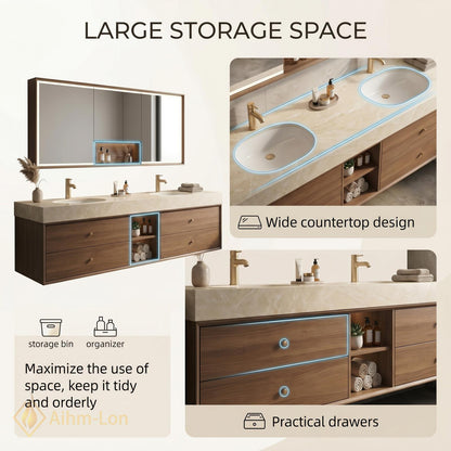 60''-96'' Double Bathroom Vanity with Sink Wall-Mounted Natural Wood Grain Finish Shelving