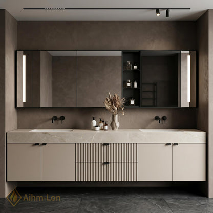 60''-96'' Bathroom Vanity with Sink Floating Double Ribbed Drawers Stone Textured Finish