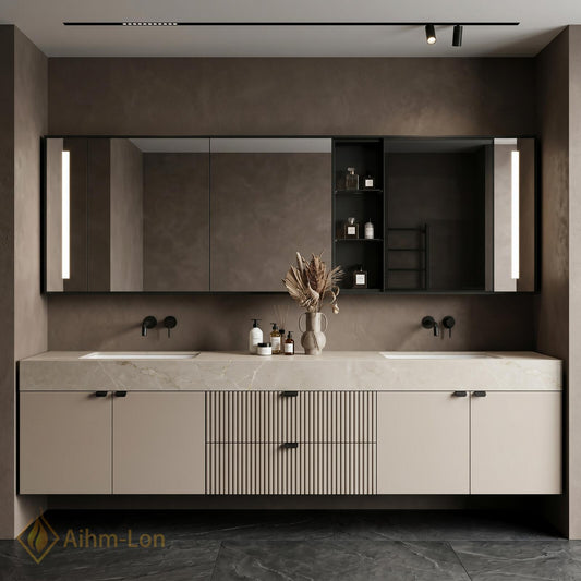 60''-96'' Bathroom Vanity with Sink Floating Double Ribbed Drawers Stone Textured Finish