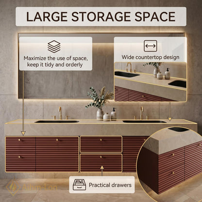 60''-96'' Double Bathroom Vanity with Sink Warm Slatted Drawers Countertop Open Shelving